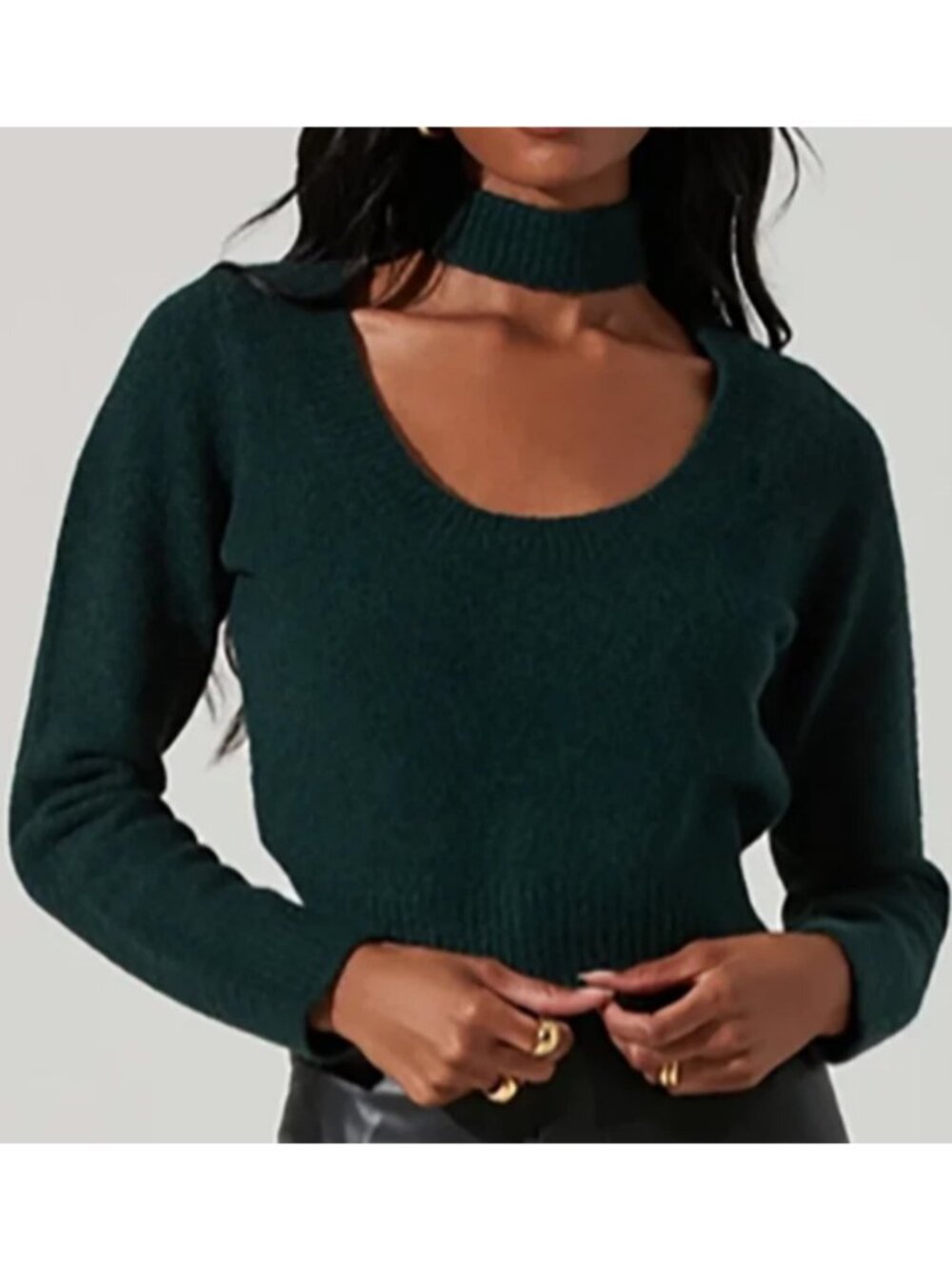 Astr the Label Marion Cropped Mock Neck Sweater Evergreen Forest Cutout Knit S